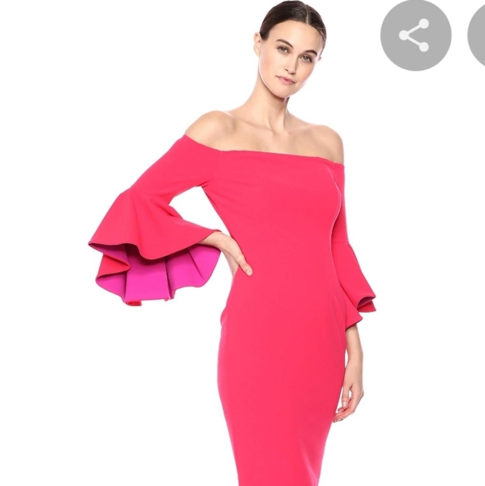 CALVIN KLEIN off-the-shoulder dress with trumpet sleeves that are purple inside.